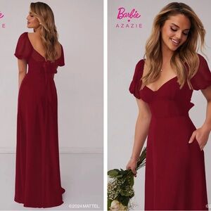Azazie Barbie Chiffon A-Line Bridesmaid Dress with Puff Sleeves Burgundy Size A4